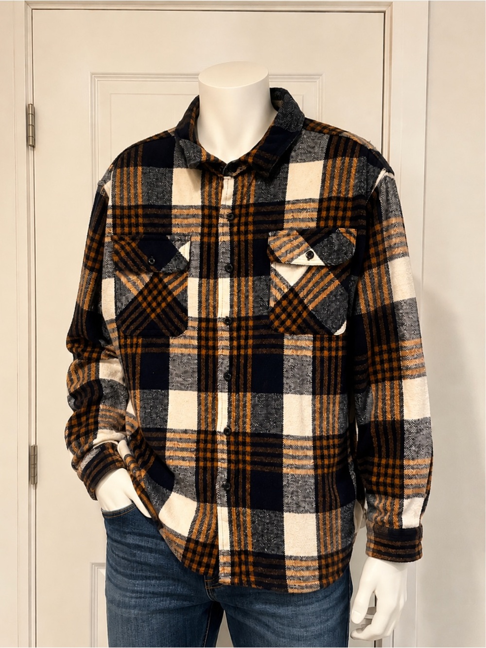 Stitches & Rivets Men's Plaid Flannel Jacket - navy, Cream & Brown 2xl